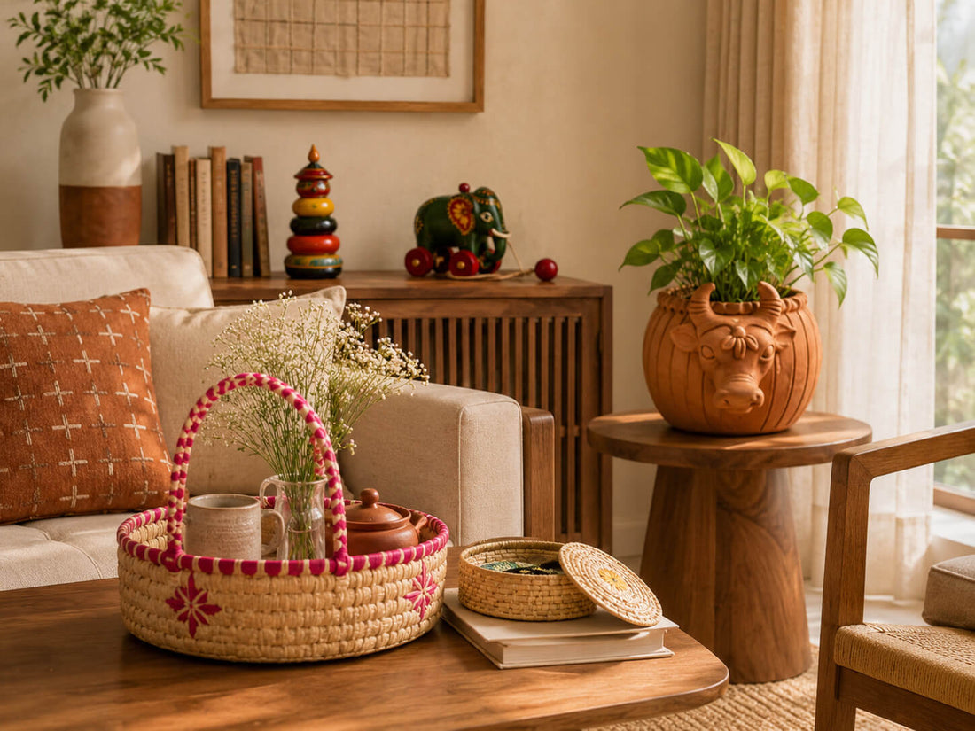 Modern Indian living room styled with Saakar Decors terracotta planter, palm leaf basket and colorful wooden decor.