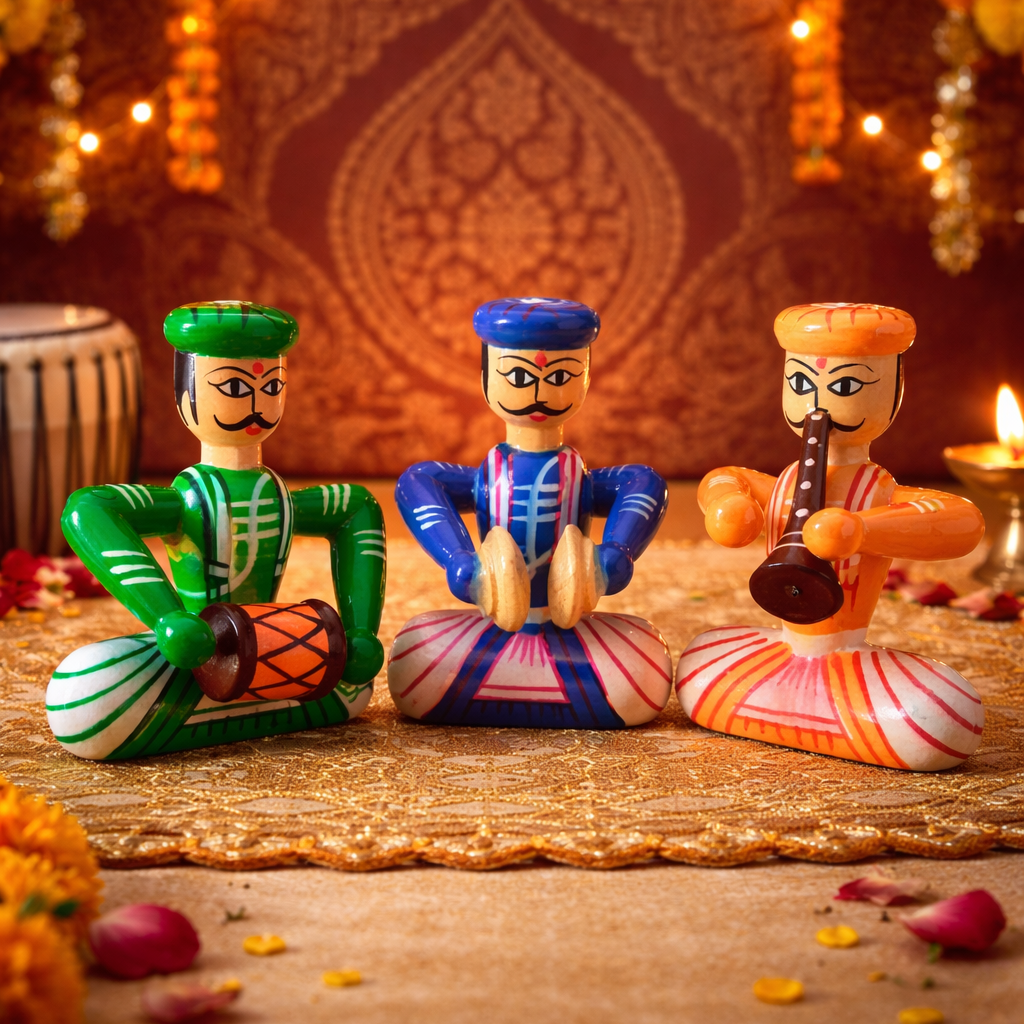 Three colorful figurines of musicians on a decorative background with lights and flowers.