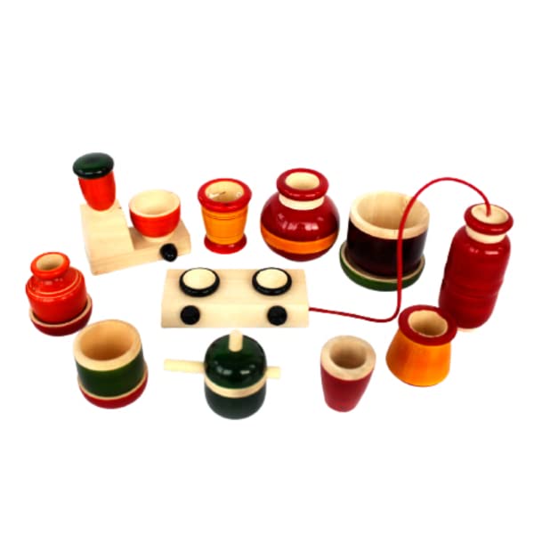 Colorful wooden toy with various cylindrical shapes on a white background