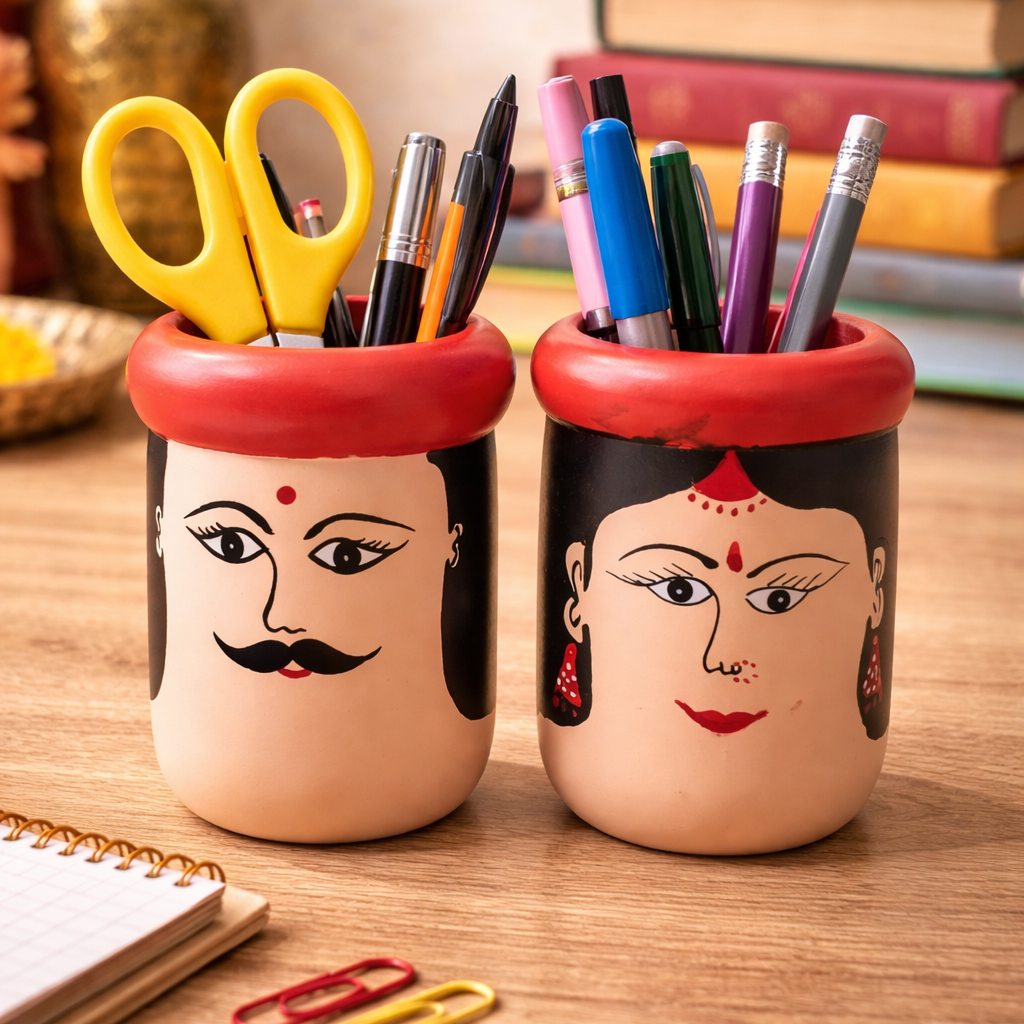 Two ceramic pen holders with face designs on a wooden surface.