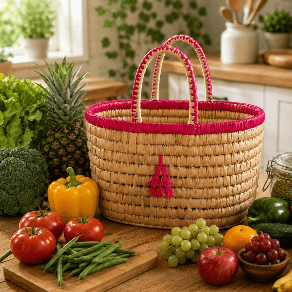 Woven basket with pink trim on a kitchen counter with fresh produce