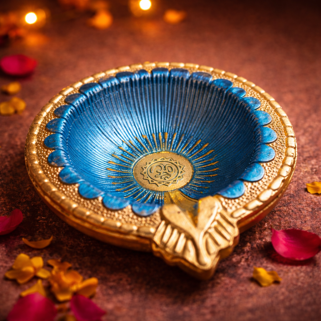 Decorative blue and gold Diwali lamp on a brown background with flowers.