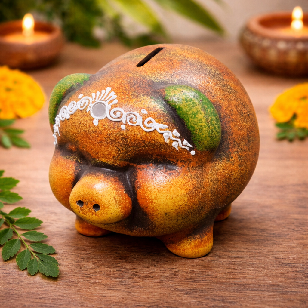 Decorative piggy bank with green leaves on a wooden surface with candles and flowers.
