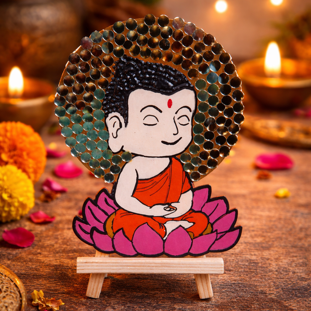 Decorative item of a cartoon-like Buddha figure on a lotus with candles and flowers in the background
