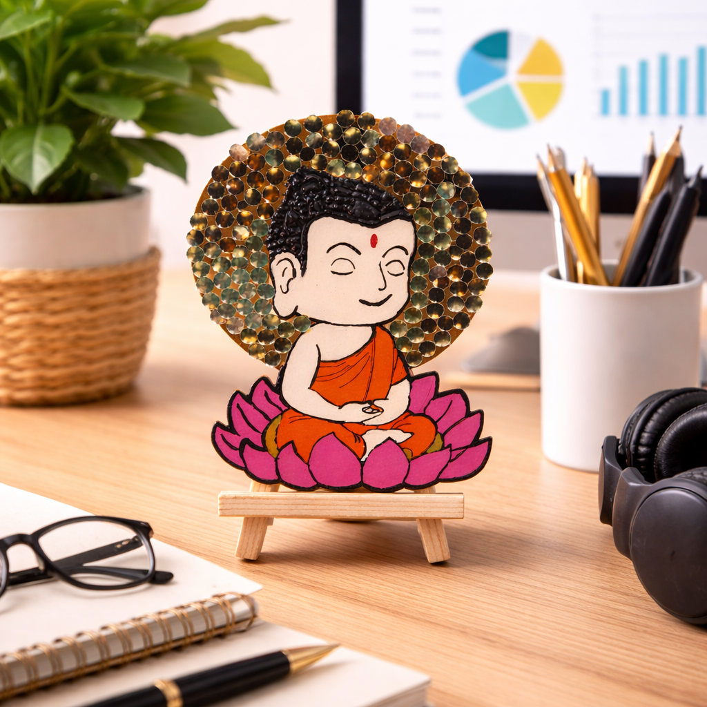 Decorative figurine of a monk on a desk with office items