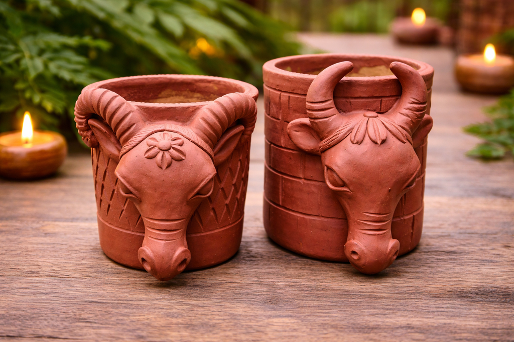 Two terracotta pots shaped like bull heads on a wooden surface with candles in the background.