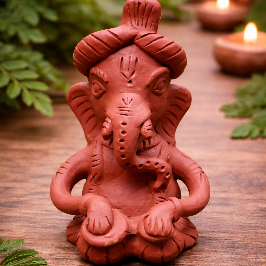 Terracotta statue of a seated figure on a wooden surface with candles and greenery in the background