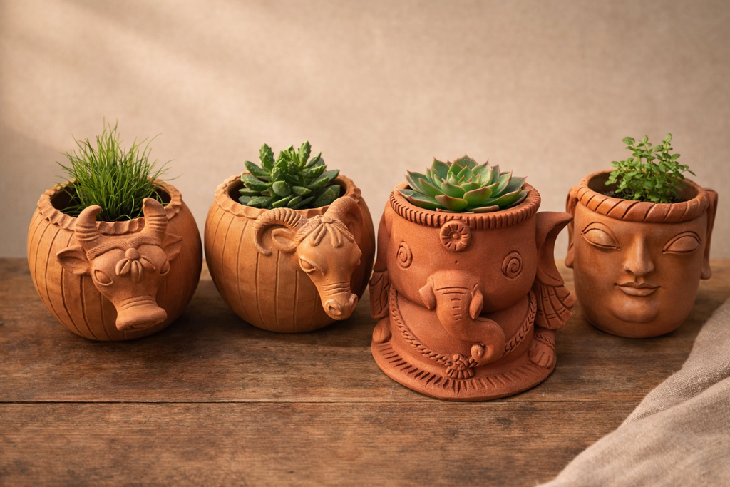 Set of four terracotta planters with animal faces on a wooden surface