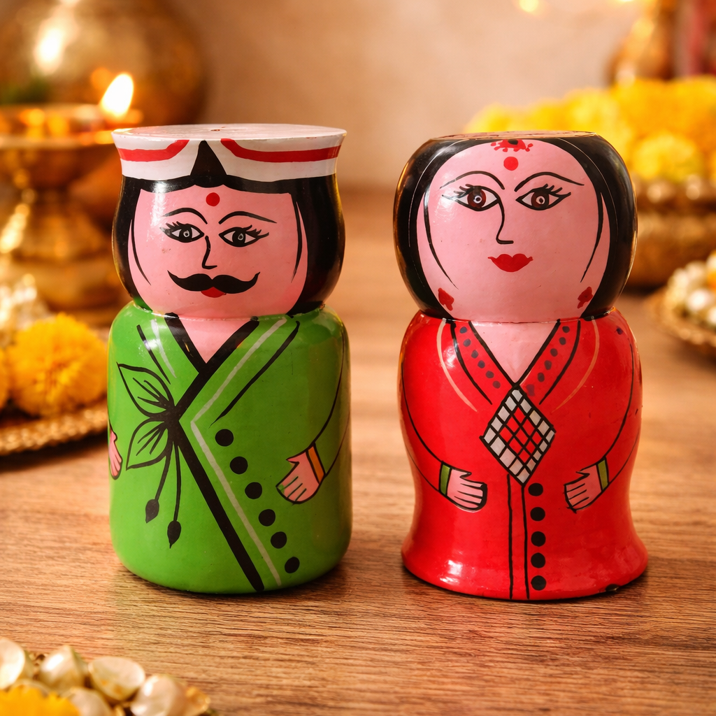 Two decorative figurines, one green and one red, on a wooden surface with blurred lights in the background.