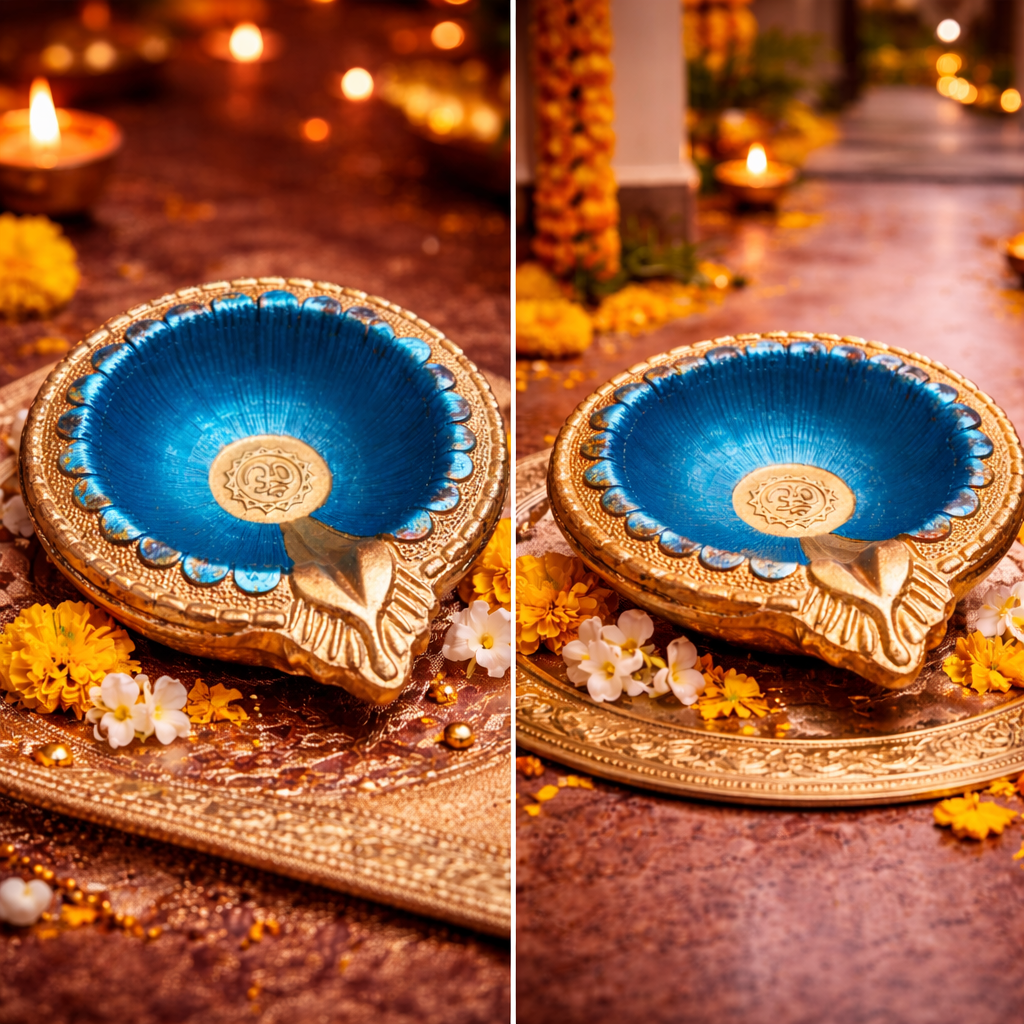 Decorative blue and gold Diwali lamp on a reflective surface with blurred lights in the background