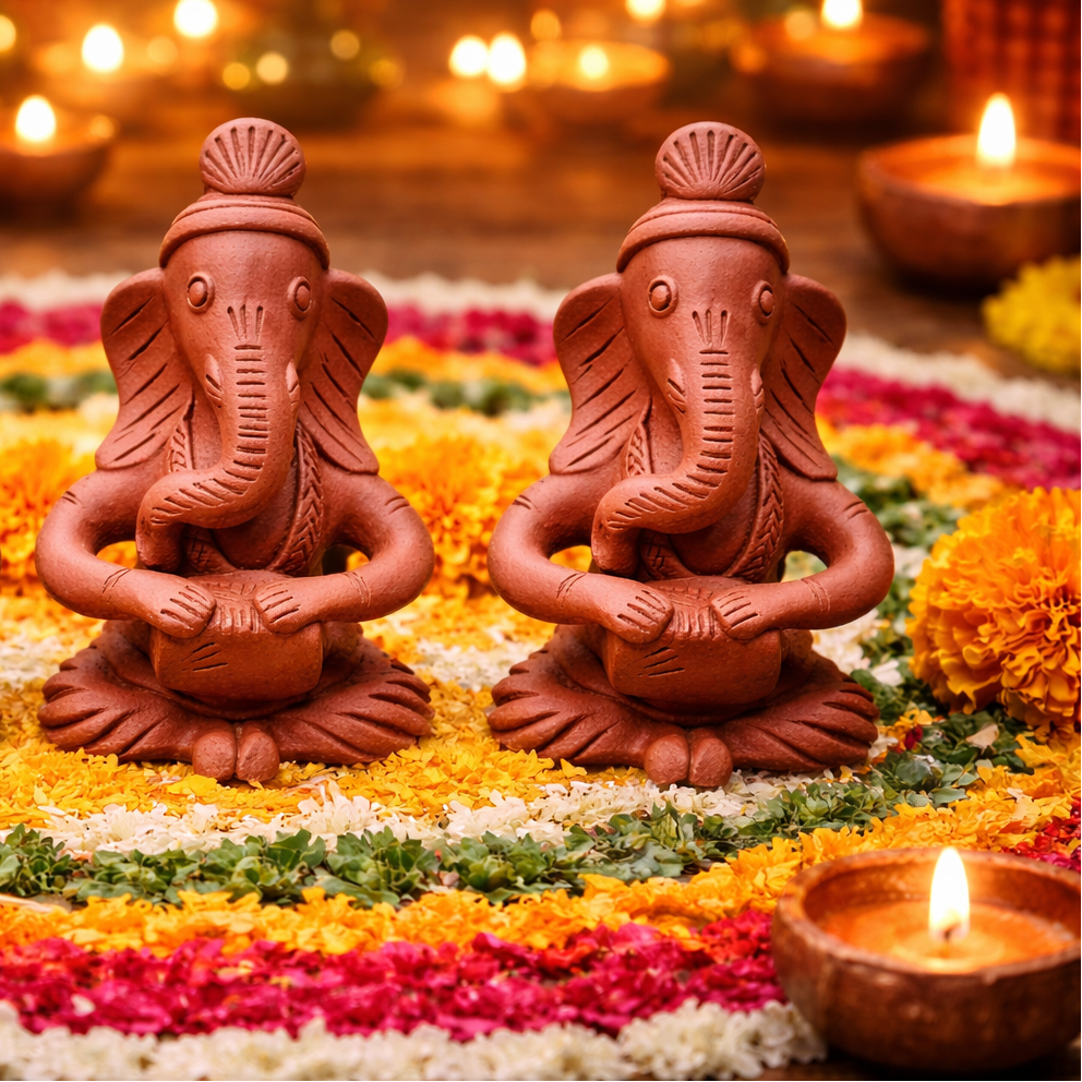 Three terracotta Ganesh statues on a floral布置 with lit candles in the background