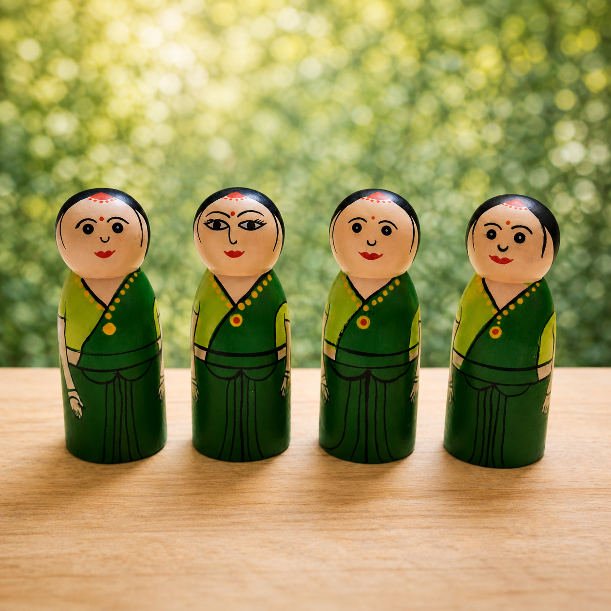 Four wooden dolls in green traditional outfits on a wooden surface with a blurred natural background