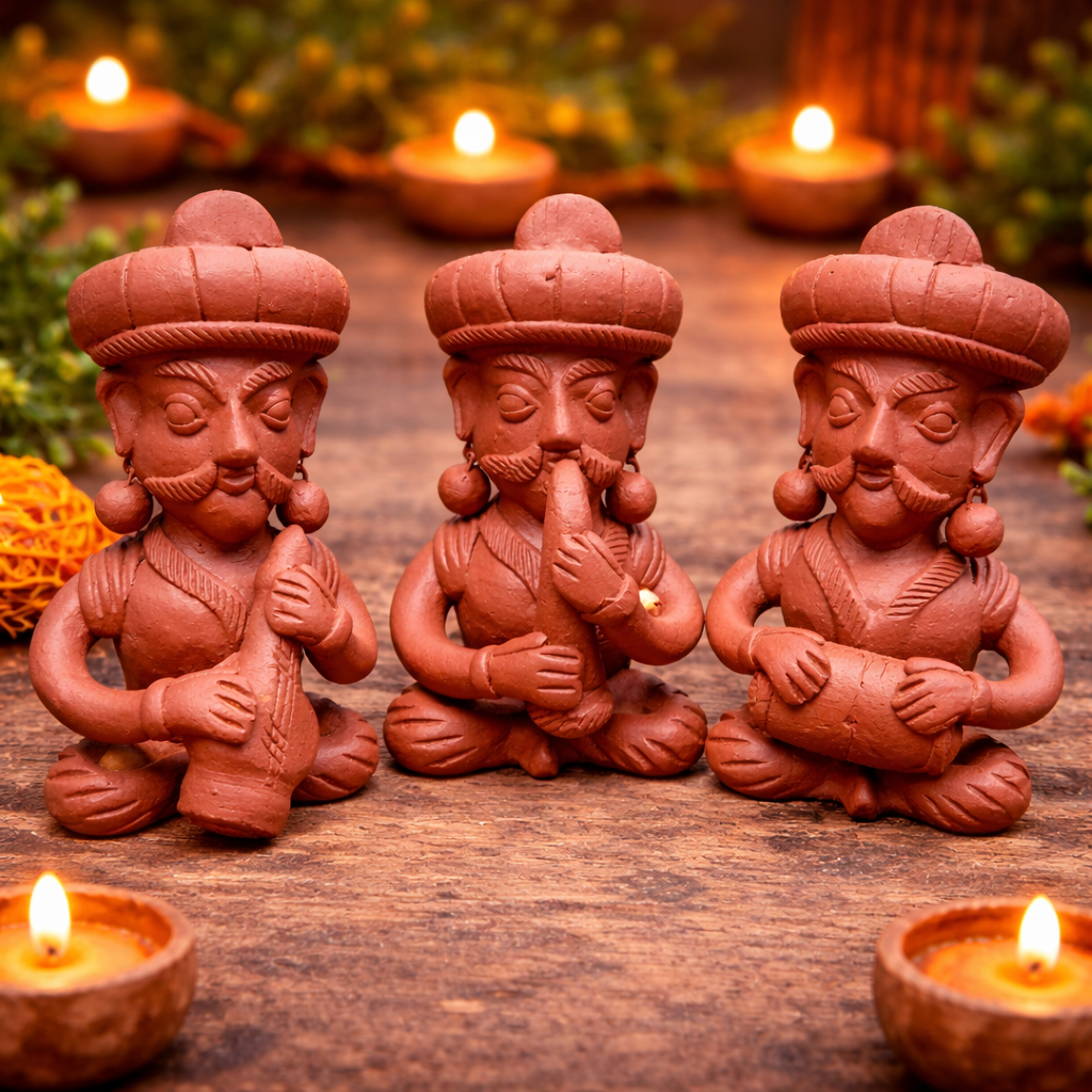 Three terracotta figurines of men with candles on a wooden surface