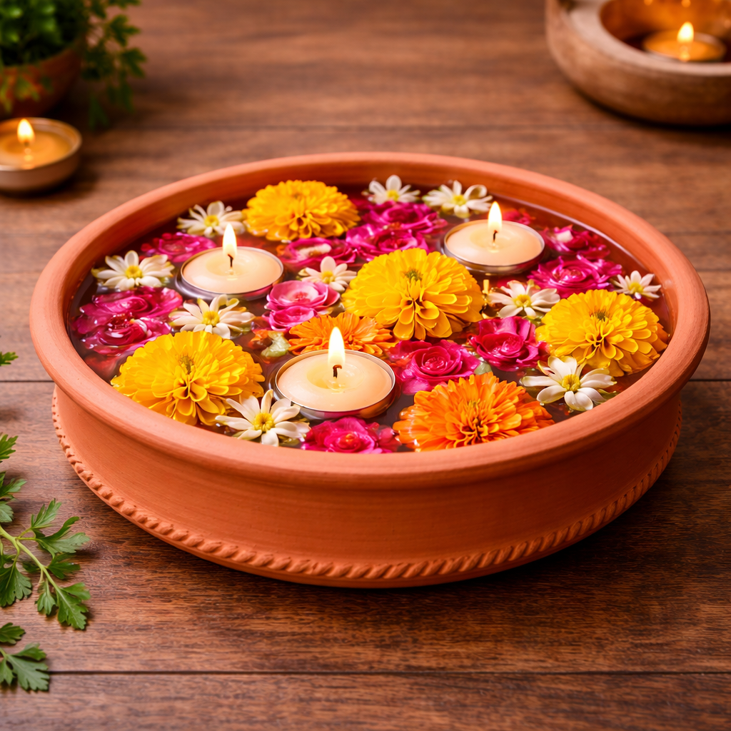 Decorative terracotta dish with floating candles and flowers on a wooden surface