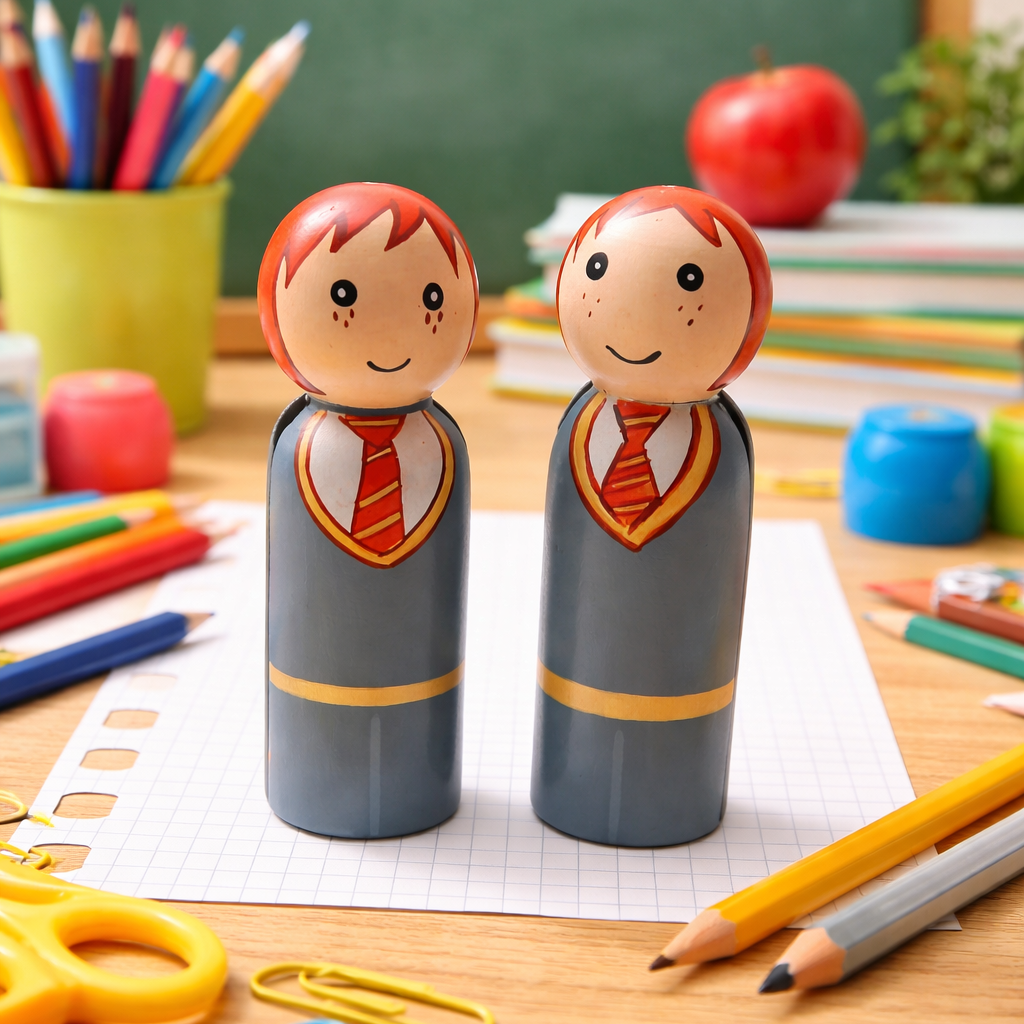 Two toy figures of boys with red hair and ties on a desk with school supplies and a chalkboard background.